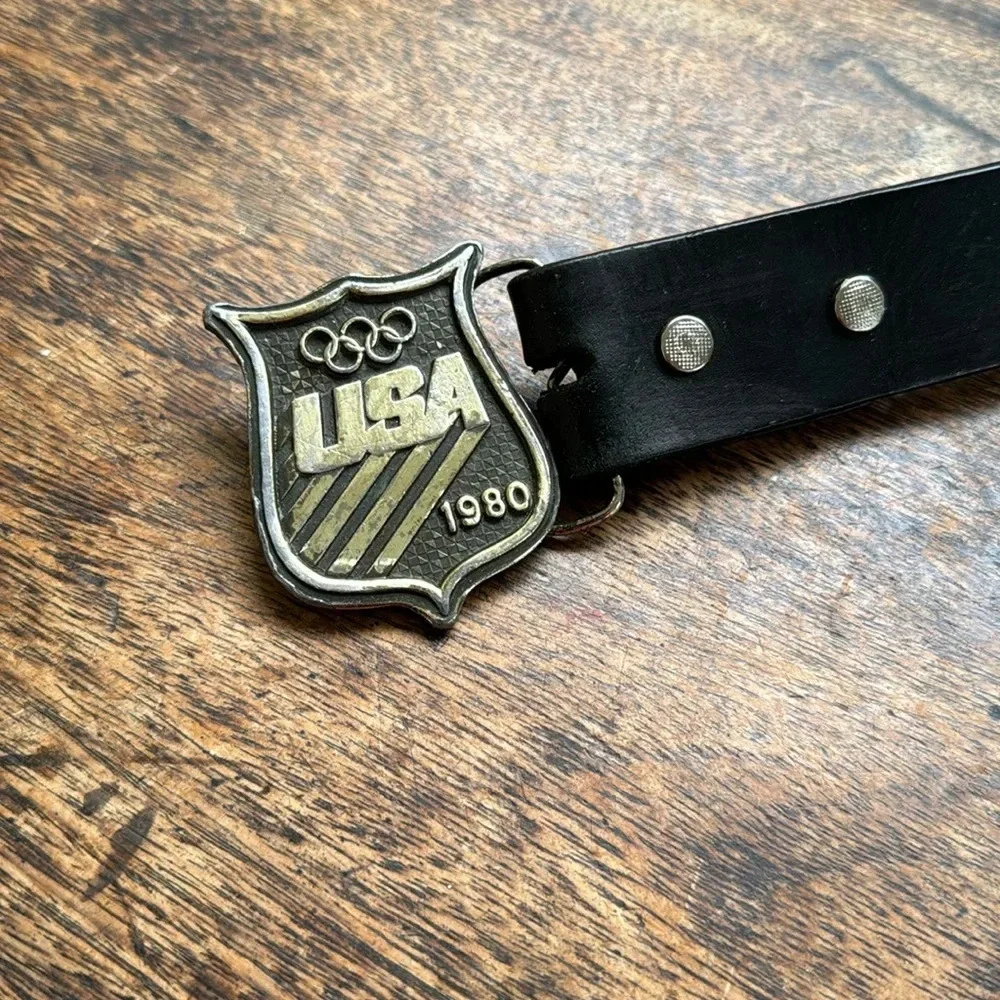 Vintage Solid Brass Belt Buckel 1980 Olympic with Snap-on Leather Belt sz 44
